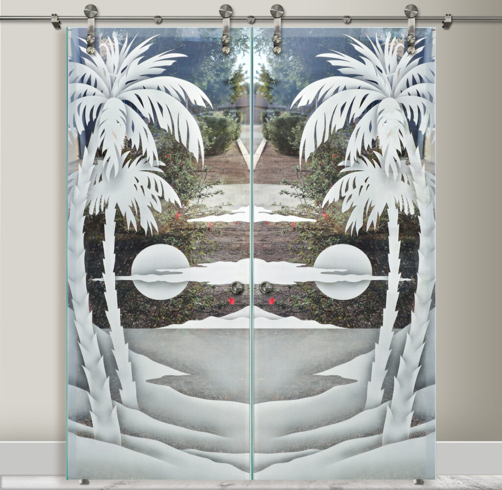 Double Barn Doors with Glass Palm Sunset 2D Semi-Private Sans Soucie Art Glass