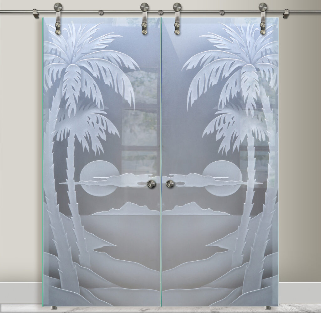 Double Barn Doors with Glass Palm Sunset 3DE Private Sans Soucie Art Glass