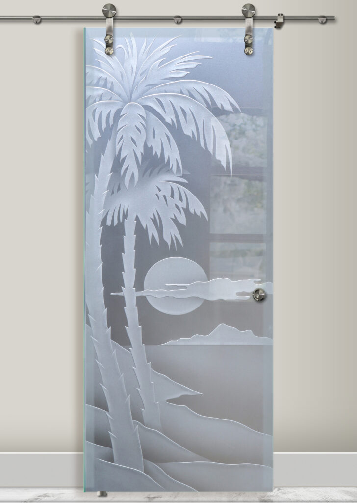 Palm Sunset Private 3D Enhanced Frosted Glass Finish Sliding Glass Barn Doors Sans Soucie