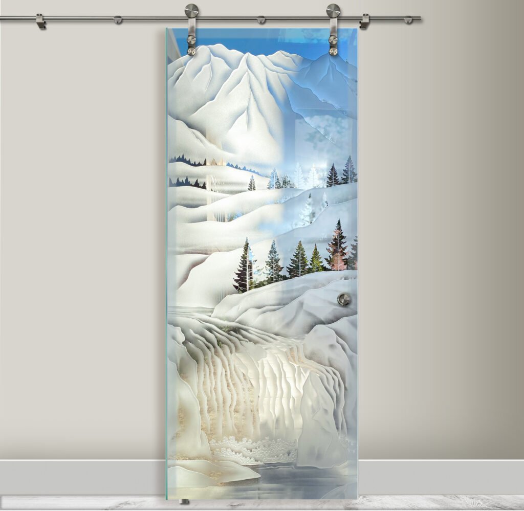 Pine Falls Glass Barn Door
Semi-Private 3D Enhanced Clear Glass Finish Rustic Sliding Glass Pantry Door Sans Soucie