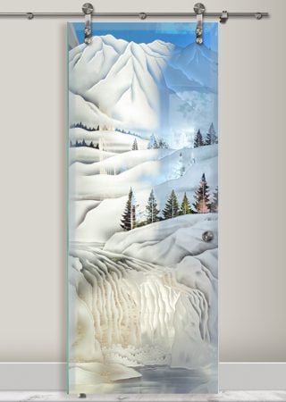 Glass Barn Door featuring a Frosted Glass Landscapes Design Sandblast Etched Glass Pine Falls Design by Sans Soucie