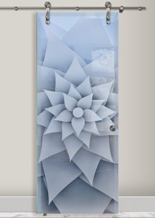 Glass Barn Door with Frosted Glass Floral Rose Petals Design by Sans Soucie