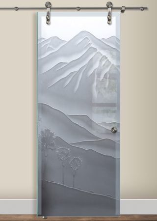 Glass Barn Door featuring Frosted Glass Design Etched Glass by Sans Soucie Art Glass with Custom Desert Design San Jacinto Mountains