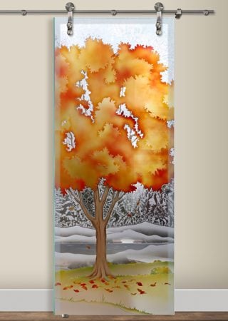 Glass Barn Door with a sandblast Frosted Glass Tree Design Custom-Designed Decorative Etched Glass