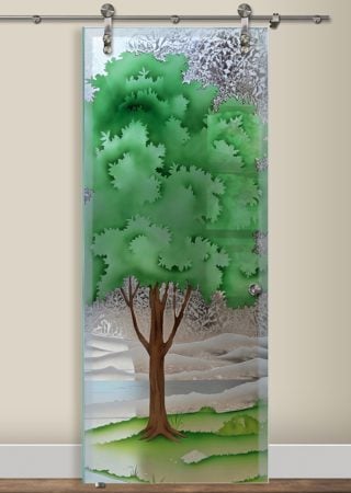 Glass Barn Door featuring a Frosted Glass Tree Design Sandblast Etched Glass Seasons Summer Design by Sans Soucie