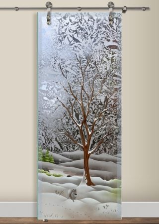 Glass Barn Door with Frosted Glass Tree Seasons Winter Design by Sans Soucie