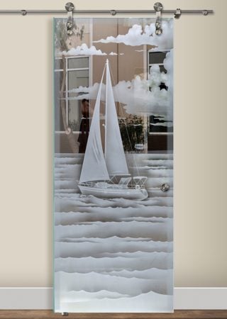 Glass Barn Door featuring a Frosted Glass Oceanic Design Sandblast Etched Glass Setting Sail Design by Sans Soucie