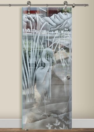 Glass Barn Door featuring a Frosted Glass Wildlife Design Sandblast Etched Glass Shy Egret Design by Sans Soucie