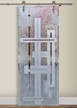 Glass Barn Door showcasing a Frosted Glass Geometric Design with Sandblast Etched Glass Art by Sans Soucie Stacked Bands Design