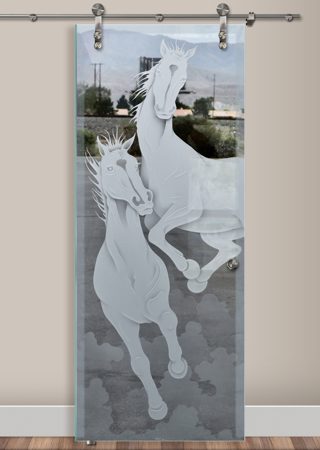 Glass Barn Door featuring Frosted Glass Design Etched Glass by Sans Soucie Art Glass with Custom Western Design Stallions