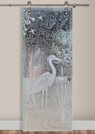 Glass Barn Door with Frosted Glass Wildlife Standing Egret Design by Sans Soucie