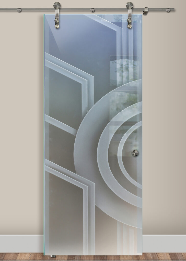Sun Odyssey II glass barn door featuring bold geometric carving for modern master bathrooms.