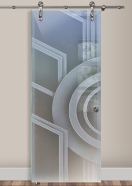 Art Glass Glass Barn Door Featuring Sandblast Frosted Glass by Sans Soucie for Semi-Private with Geometric Sun Odyssey II Design
