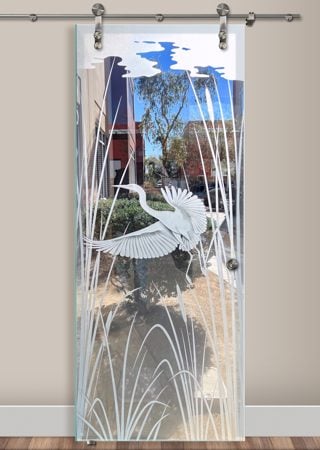 Glass Barn Door showcasing a Frosted Glass Wildlife Design with Sandblast Etched Glass Art by Sans Soucie Swooping Egret Design