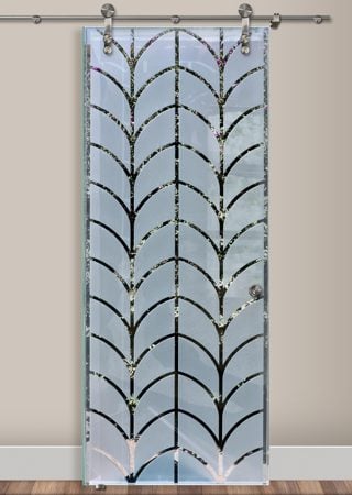 Glass Barn Door featuring Frosted Glass Design Etched Glass by Sans Soucie Art Glass with Custom Patterns Design Tiffany