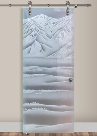 Glass Barn Door with a sandblast Frosted Glass Landscapes Design Custom-Designed Decorative Etched Glass