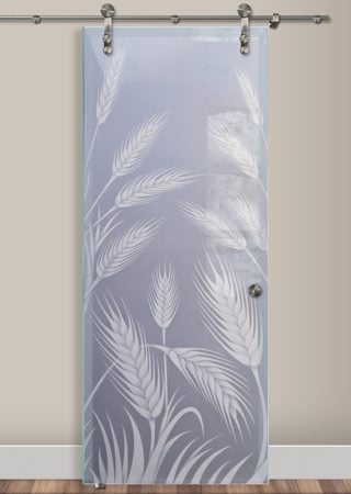 Glass Barn Door showcasing a Frosted Glass Foliage Design with Sandblast Etched Glass Art by Sans Soucie Wheat  Design