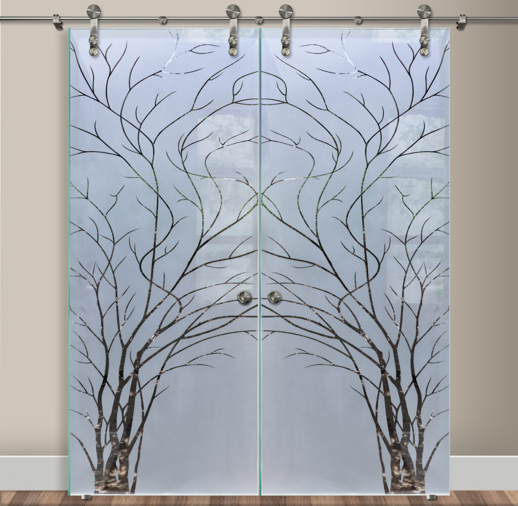 Double Barn Doors with Glass Wispy Tree Semi-Private Sans Soucie Art Glass