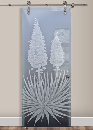 Glass Barn Door with a Frosted Glass Yucca Foliage Design for Private by Sans Soucie Art Glass