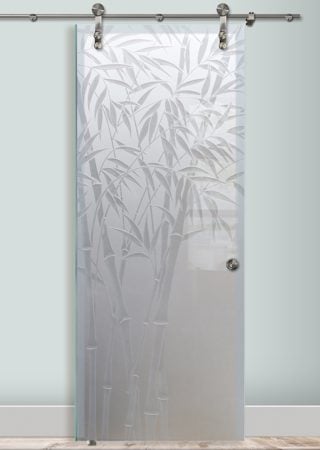 Glass Barn Door showcasing a Frosted Glass Asian Design with Sandblast Etched Glass Art by Sans Soucie Bamboo Shoots III Design