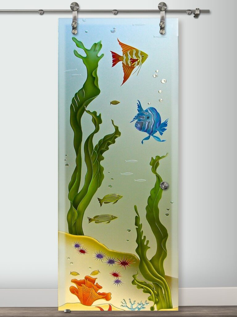 Aquarium Fish Private 3D Enhanced Painted Frosted Glass Barn Doors Sliding Glass Barn Doors Oceanic Decor Sans Soucie