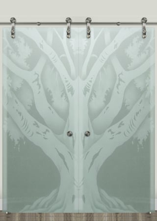 Glass Barn Door showcasing a Frosted Glass Tree Design with Sandblast Etched Glass Art by Sans Soucie Oak Tree II Design