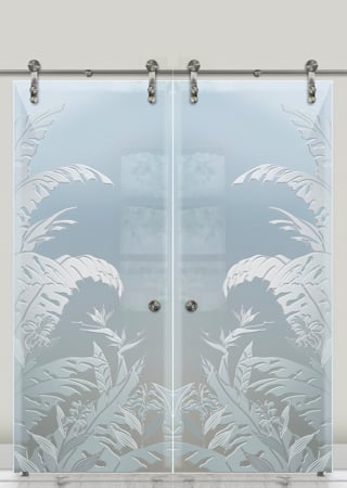 Glass Barn Door with a sandblast Frosted Glass Tropical Design Custom-Designed Decorative Etched Glass