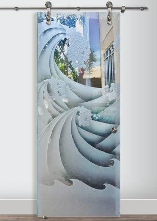 Glass Barn Door with a sandblast Frosted Glass Oceanic Design Custom-Designed Decorative Etched Glass