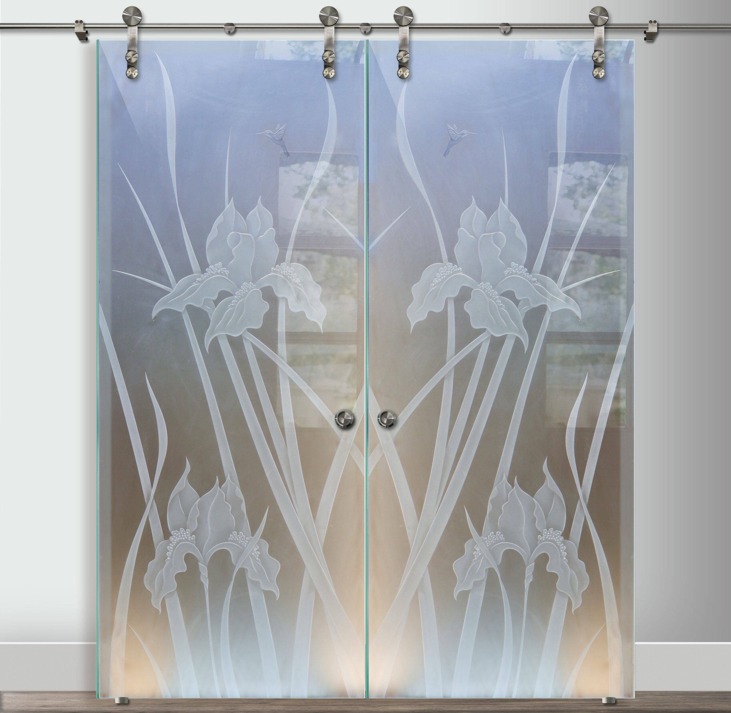 Double Frosted Glass Barn Door featuring a sculpted iris floral design with full privacy.