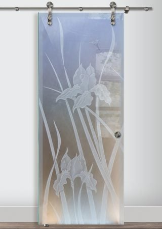 Glass Barn Door featuring a Frosted Glass Floral Design Sandblast Etched Glass Iris Hummingbird Design by Sans Soucie