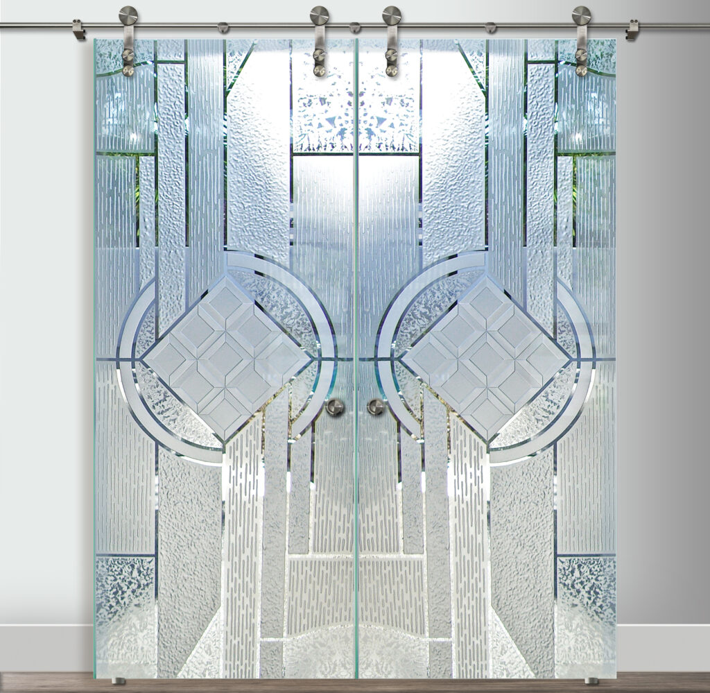 Art Deco-inspired decorative double barn doors with etched and carved frosted glass featuring geometric circles and textured glass details.