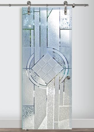 Glass Barn Door featuring a Frosted Glass Traditional Design Sandblast Etched Glass Matrix Chardonnay Design by Sans Soucie
