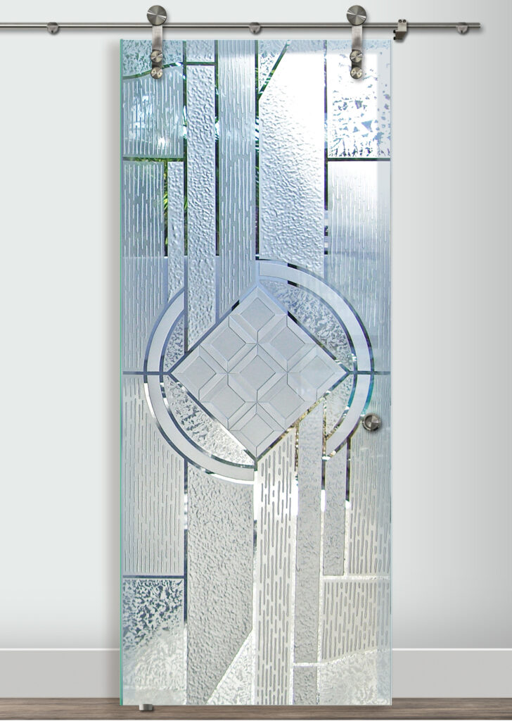 Art deco style frosted glass barn door with geometric lines and textured panels, decorative glass barn door design for modern office interiors