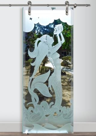 Glass Barn Door with Frosted Glass Oceanic Mermaid Design by Sans Soucie