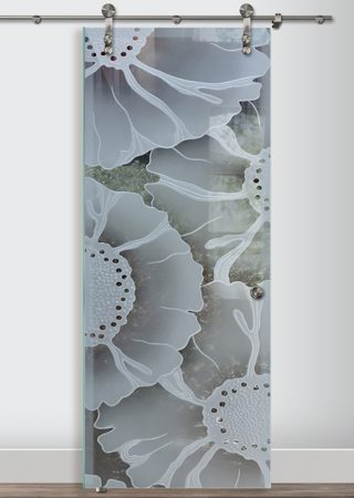Glass Barn Door with a Frosted Glass OKeefe Floral Design for Semi-Private by Sans Soucie Art Glass