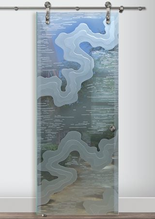 Glass Barn Door with a Frosted Glass Streams Abstract Design for Private by Sans Soucie Art Glass