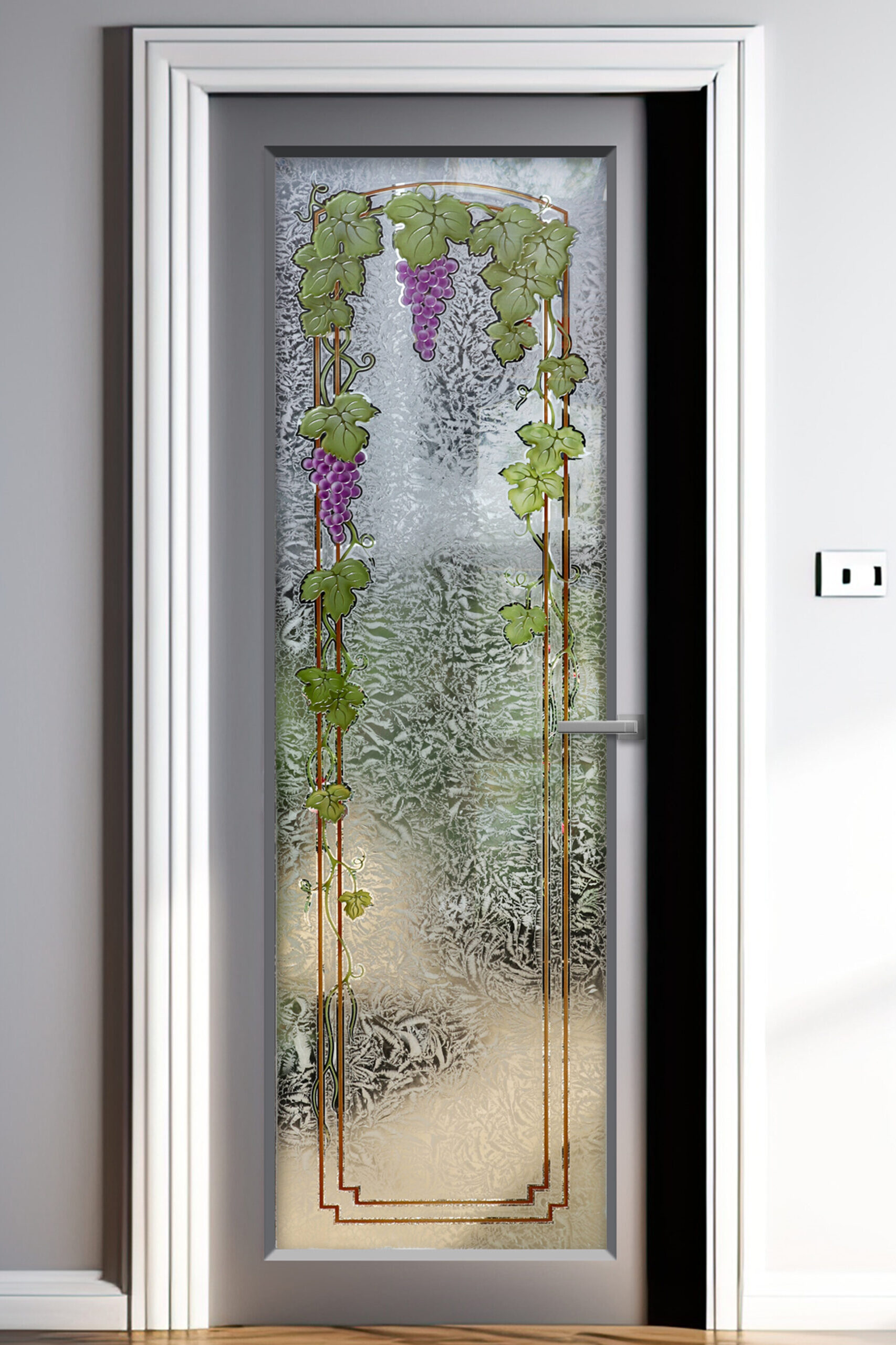 Vineyard Grapes Trellis Semi-Private 3D Enhanced Painted Gluechip Glass Doors Interior Exterior Entry Door Sans Soucie Art Glass