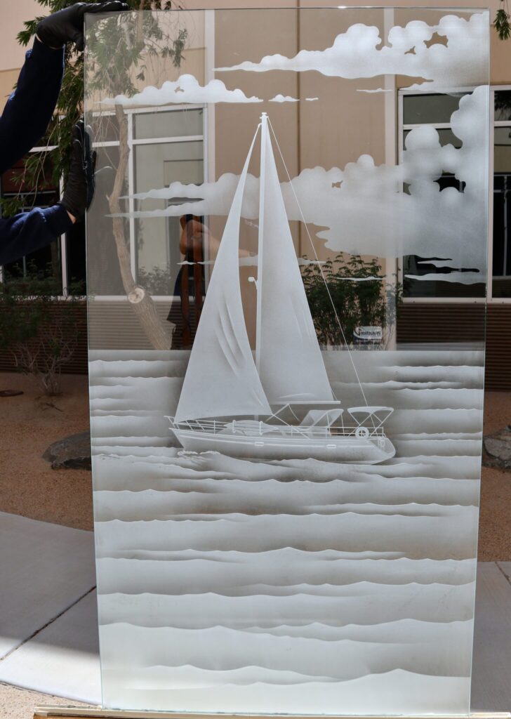 Setting Sail Glass Shower Door Semi-Private 3D Enhanced Clear Glass Finish Sans Soucie