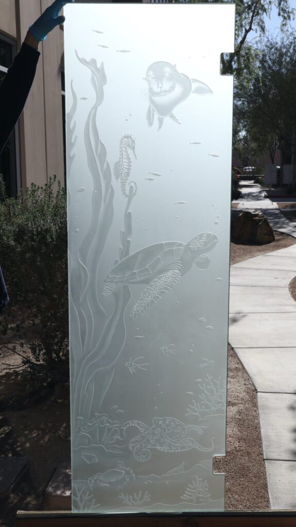 Aquarium Sea Life Shower Door Private 3D Enhanced Frosted Glass Finish Sans Soucie