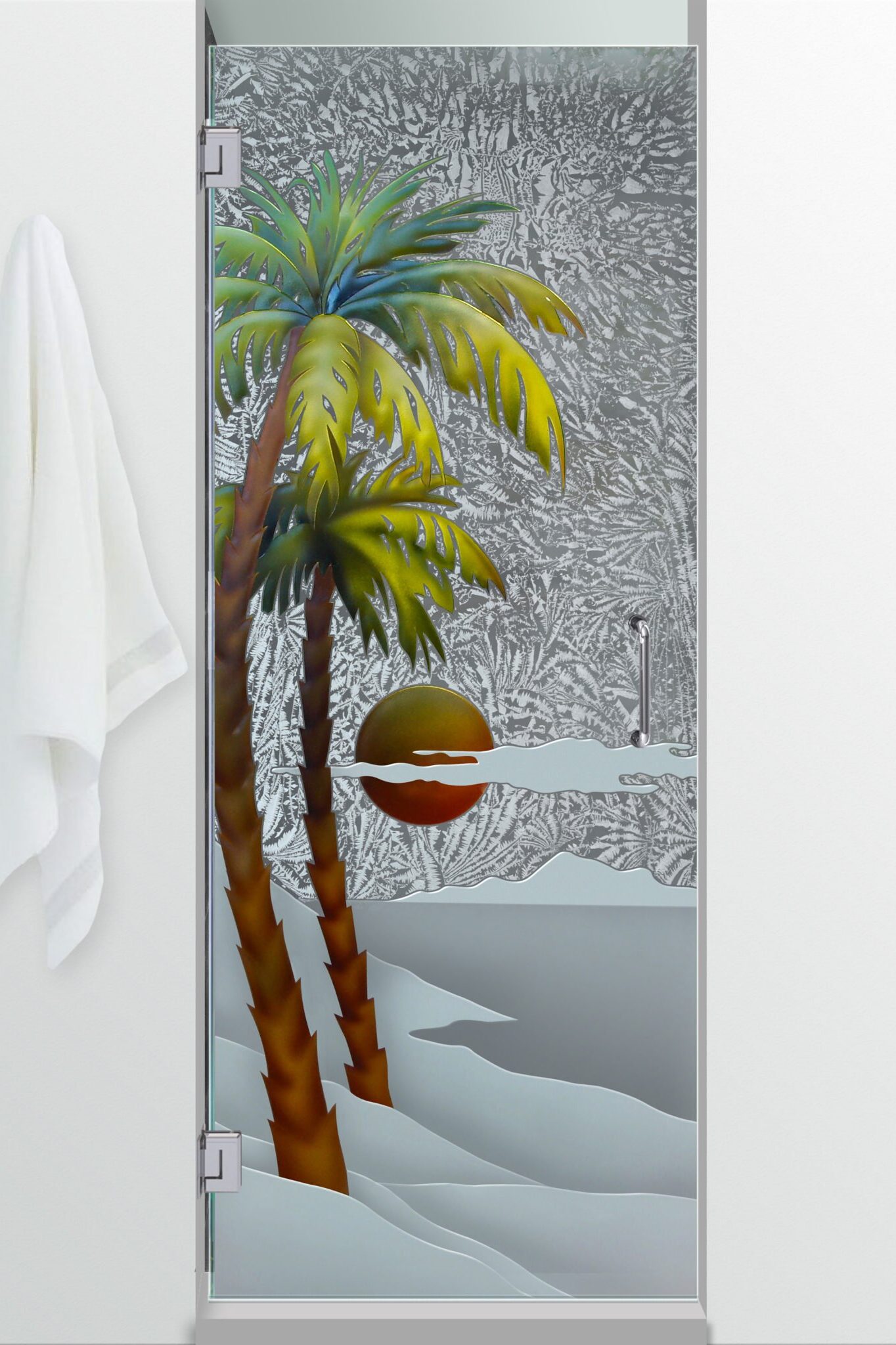 Palm Sunset Shower Door Semi-Private 3D Enhanced Painted Gluechip Glass Finish Sans Soucie