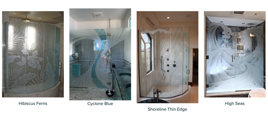 Decorative frosted glass shower doors with carved details and clear glass accents

