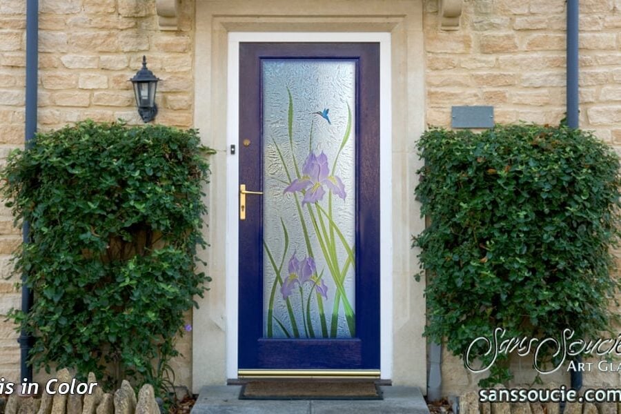 Iris Hummingbird Glass Effect Semi-Private 3D Enhanced Painted Gluechip glass finish biophillic decor exterior entry door Sans Soucie 