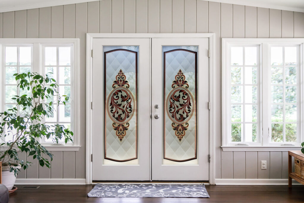 Royal Filigree Interior Prehung Door or Interior Slab Door Single Primed Book Door Private 3D Enhanced Painted Frosted Glass