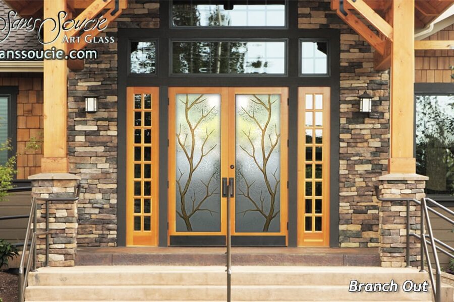 Branch Out Semi-Private 3D Enhanced Painted Gluechip Glass Door Entry Front Doors Sans Soucie Rustic Glass Pantry Doors