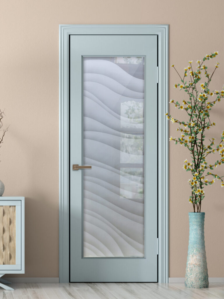 Bathroom privacy door idea using frosted glass to bring in natural light while keeping the room private.
