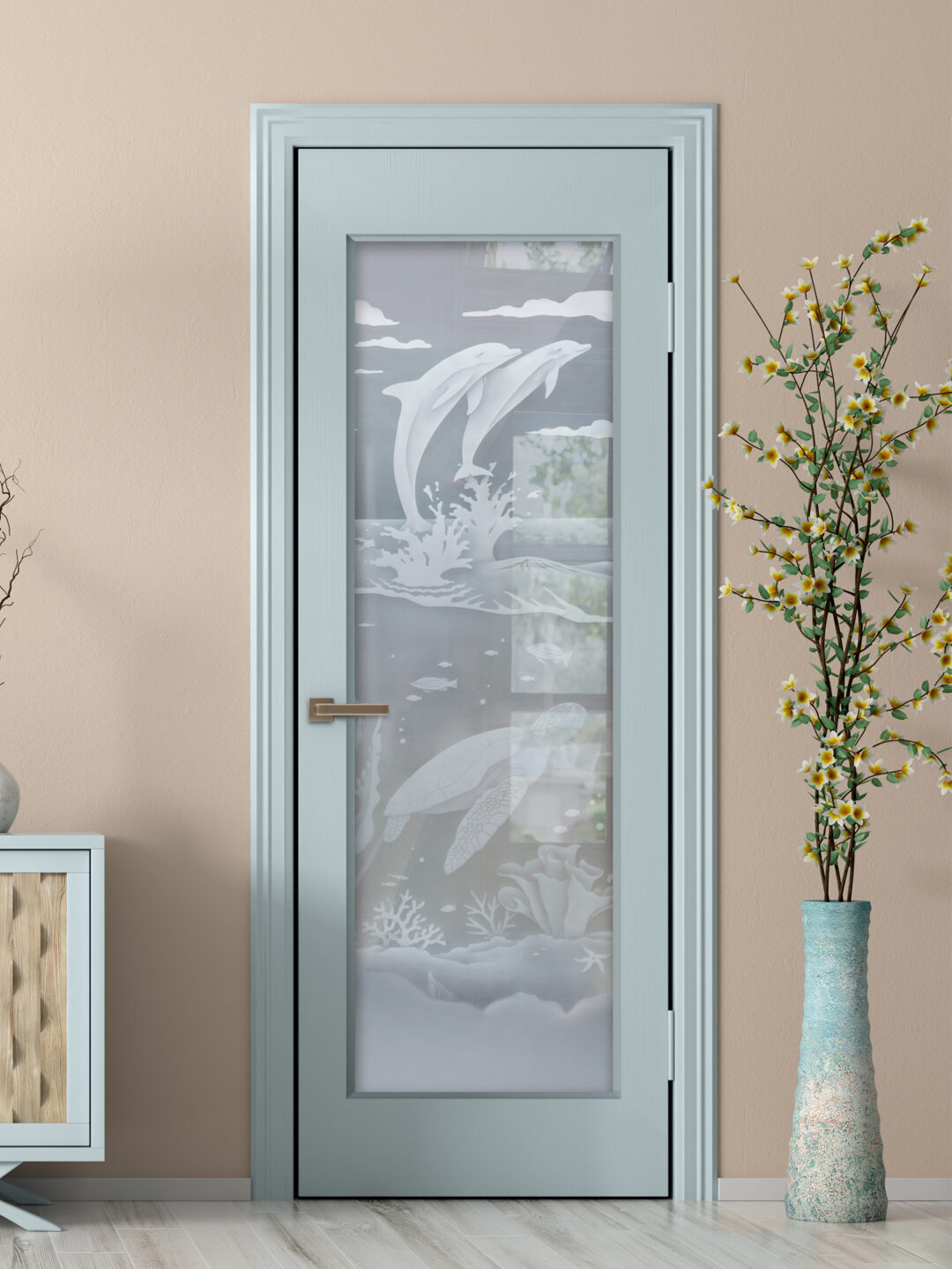 Dolphins Leaping & Sea Turtle Private 2D Frosted Glass Finish Pantry Door Coastal Oceanic Design Style Pantry Doors Sans Soucie