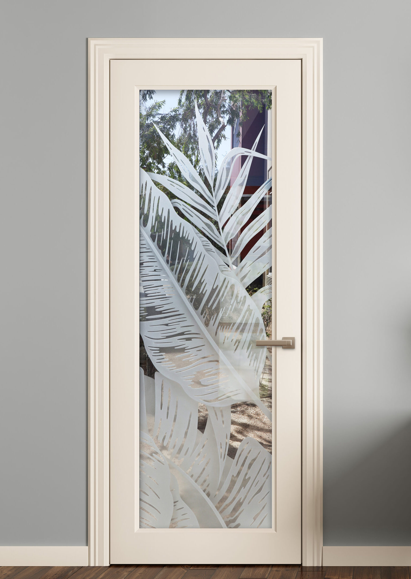 Bahama Leaves III Pantry Door Glass Effect  Not Private 3D Misted Clear Glass Finish Oceanic Beach Decor Style Sans Soucie