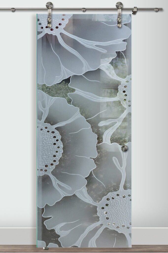 OKeefe Tempered Glass Barn Door Glass Effect Semi-Private 3D Enhanced Clear Glass Finish Farmhouse Decor Floral Style Sans Soucie