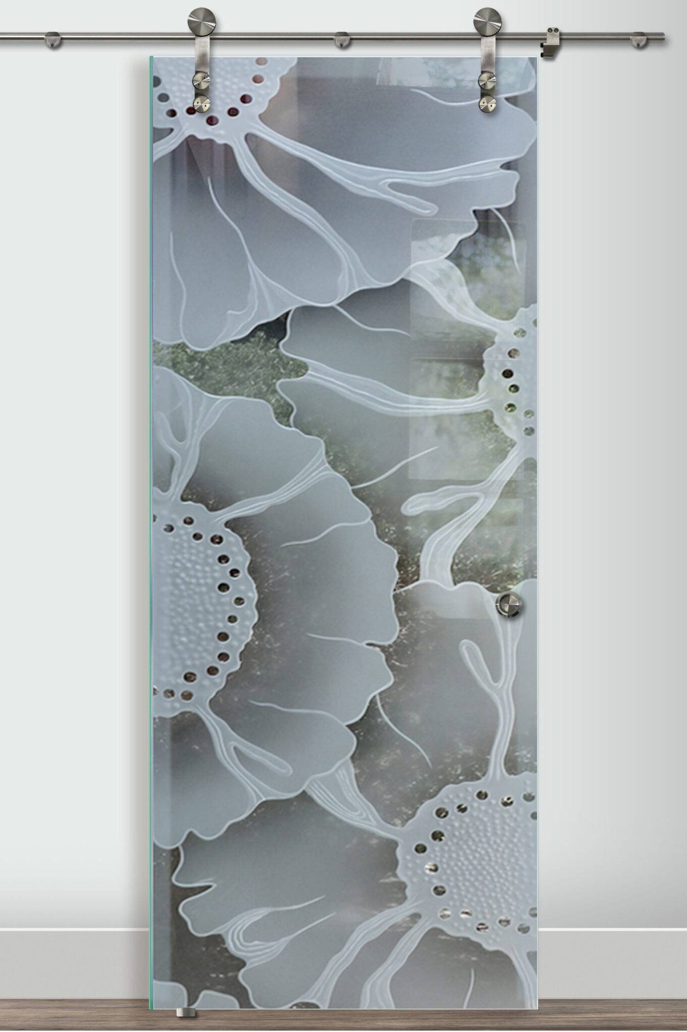OKeefe Glass Barn Door Glass Effect  Semi-Private 3D Enhanced Clear Glass Finish Farmhouse Decor Floral Style Sans Soucie