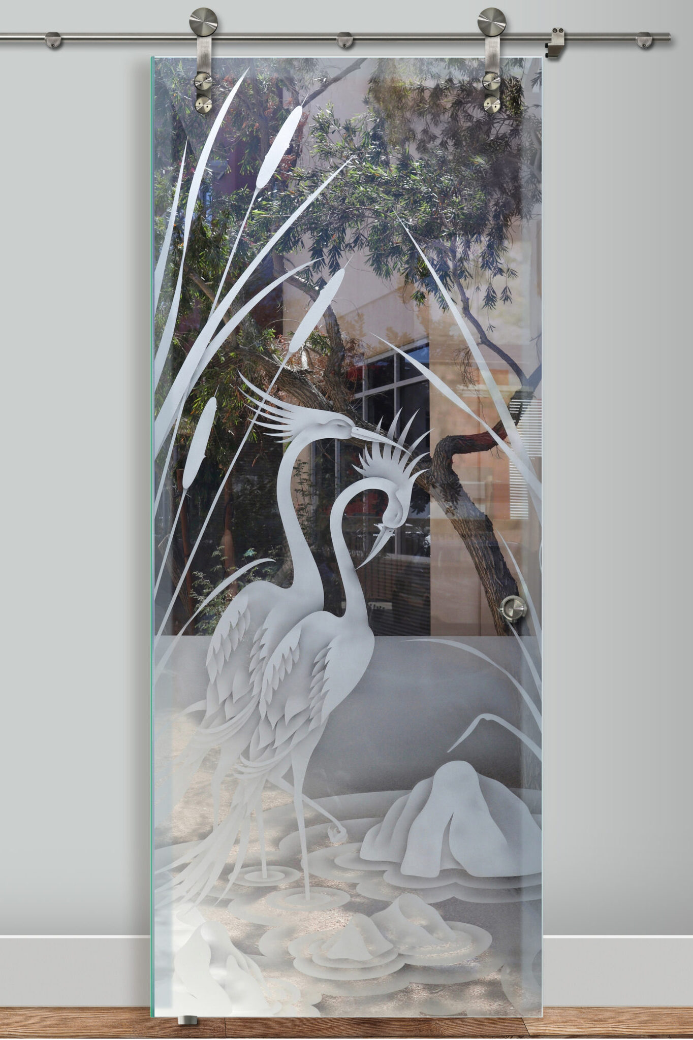 Cranes & Cattails Glass Barn Door Glass Effect Semi-Private 2D Clear Glass Finish Farmhouse Decor Wildlife Style Sans Soucie